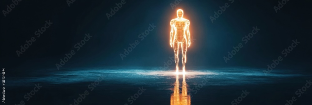 Poster Glowing humanoid robot stands in a serene environment emitting soft light. Generative AI