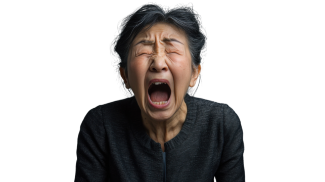 Elderly woman screaming with transparent background