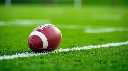 A Lone American Football Rests on the Field's Edge, Ready for the Game