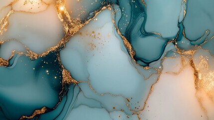 Teal gold abstract ink art; swirling, textured background, design element
