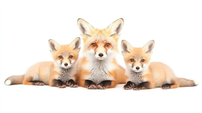Three adorable red foxes sitting together with a white background, showcasing their playful nature