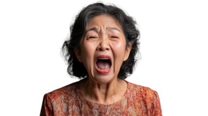 Elderly woman expressing intense emotion on transparent background