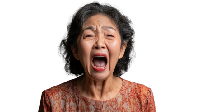 Elderly woman expressing intense emotion on transparent background