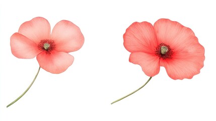 Two delicate pink flowers with soft petals on slender stems against a white background