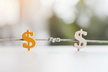 Two dollar signs on rope symbolizing financial balance