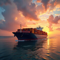 Stunning close-up of a massive dark blue container ship adorned with a striking red stripe. Numerous containers tower, creating an awe-inspiring maritime tableau