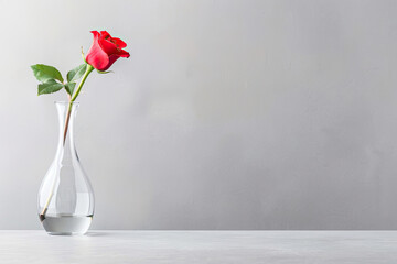 single red rose in clear glass vase on minimalist table