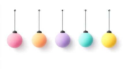 Colorful hanging spheres in pastel shades casting soft shadows on a white background