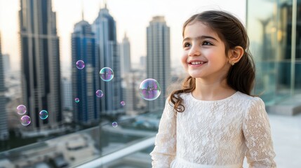 Fototapeta premium A young girl enjoys the playful activity of blowing bubbles on a rooftop with a stunning city view
