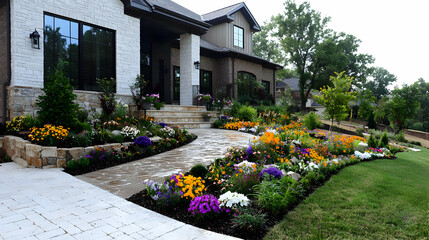 Naklejka premium Colorful flowers landscaping suburban home