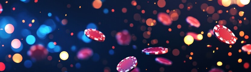 Casino Night:  Red Poker Chips Falling in a Sparkling Atmosphere