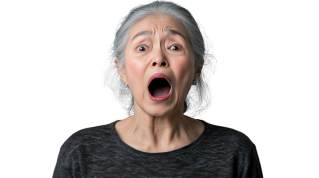 Elderly woman expressing shock on transparent background