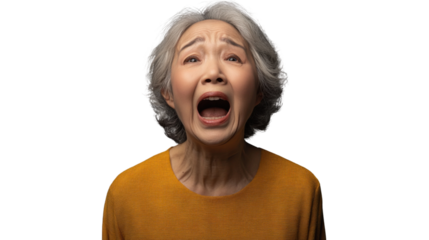 Elderly woman expressing shock on transparent background