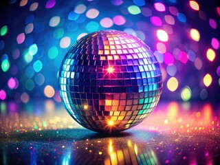 Obraz premium Glamorous 70s/80s retro party: disco ball's vibrant light reflects festive celebration.