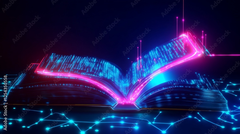 Poster glowing open book with digital code and lines, illuminated on a dark background