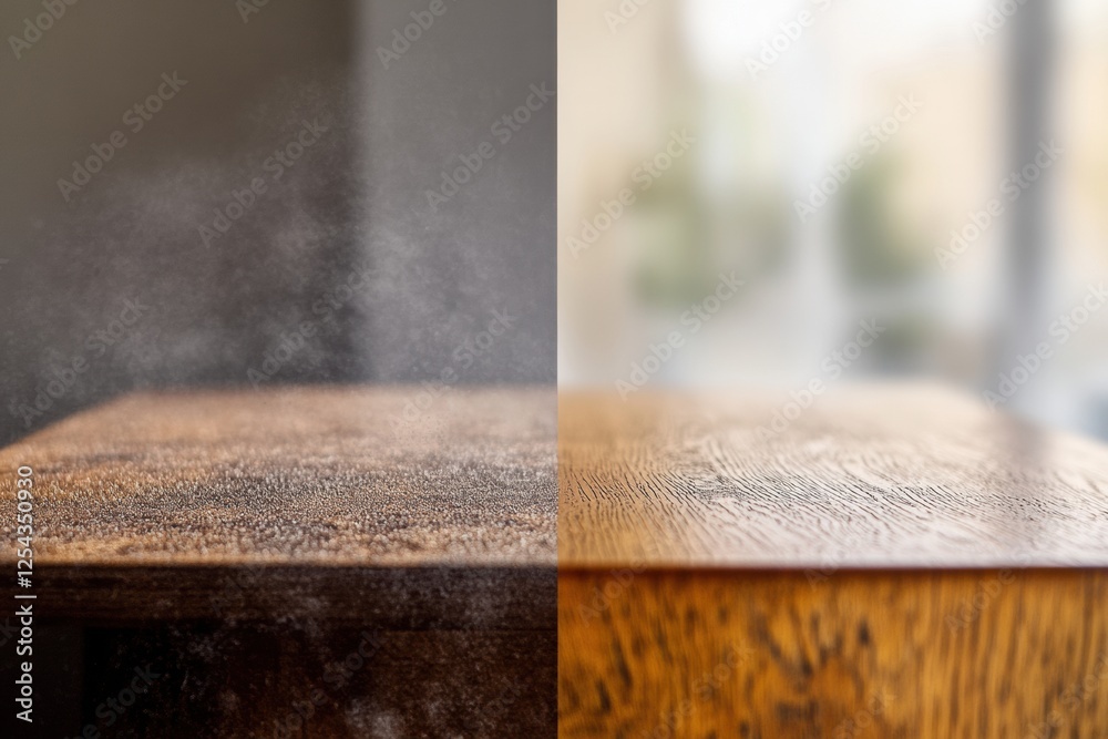 Poster Comparison of dusty furniture surface and a clean shiny top highlighting the effects of regular cleaning practices. Generative AI