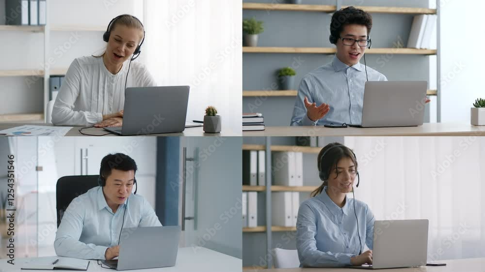 Poster four individuals participate in virtual meetings from their home offices, each focused on their lapt