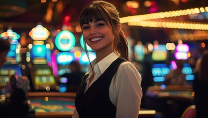 Fototapeta premium Smiling Casino Dealer Amidst the Glimmering Lights