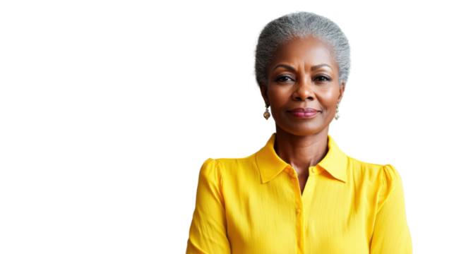 Mature woman in yellow blouse exuding confidence and professionalism