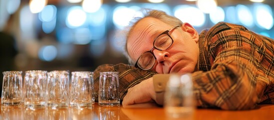 Obraz premium A Man Asleep on a Bar Counter After Drinking Too Much