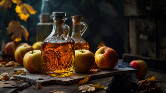 Warm autumn scene featuring apples and apple cider in rustic setting with fall leaves.