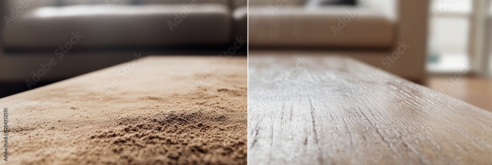 Poster comparison of dusty furniture surface and clean shiny surface in living room setting. generative ai