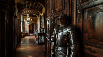 Knight's suit of shining armor stands guard in an ornate historical hallway of a grand mansion during late afternoon light.