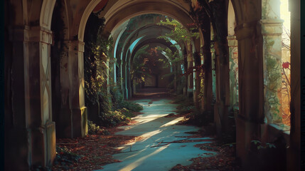 Fototapeta premium Forgotten corridor filled with greenery during golden hour sunlight in an abandoned location.