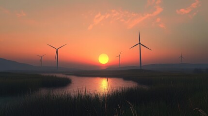 Obraz premium Harnessing the Breeze: Witness a captivating landscape where wind turbines stand tall against a fiery sunset, painting a vibrant picture of sustainable energy and environmental harmony. 