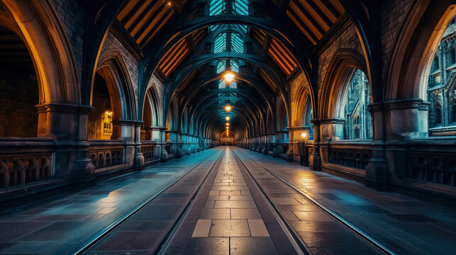 Gothic architecture interior corridor with strong lighting and intricate details in historical building at dusk.