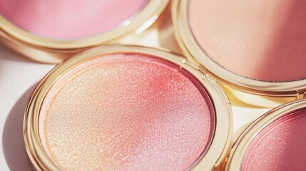 Close-up of shimmering pink and gold blush compacts, luxurious makeup, beauty product, cosmetics, radiant, elegant, sophisticated, shimmer, glow, high-end, pastel, feminine