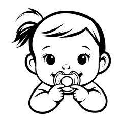 Simple happy baby girl with pacifier with linear art illustration design vector
