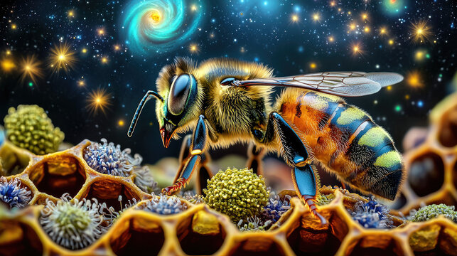 Close-up of a bee collecting pollen on a honeycomb with a cosmic background and stars