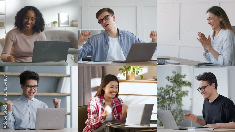 Poster A group of students express excitement and joy while participating in online classes from their homes, showcasing a lively and interactive learning environment.