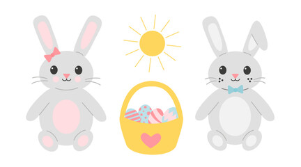 Flat cartoon illustration of two Easter bunnies with a basket of decorated eggs under the sun. The left bunny has a pink bow, and the right one has a blue bowtie
