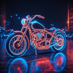 Fototapeta premium Motorcycle at night. Bike in neon light. Stylized image of a motorcycle glowing with neon colors.
