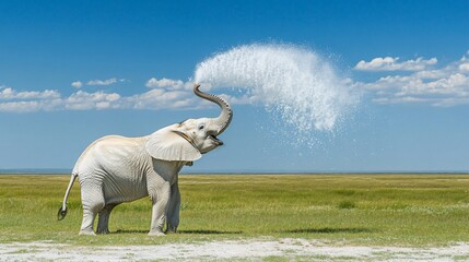 Obraz premium Albino elephant showering, savanna, clear sky