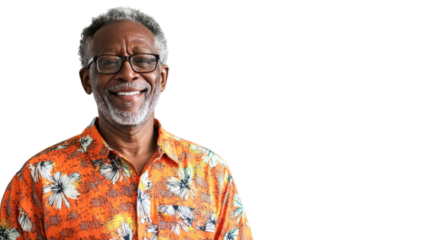 Smiling senior man with transparent background wearing colorful shirt