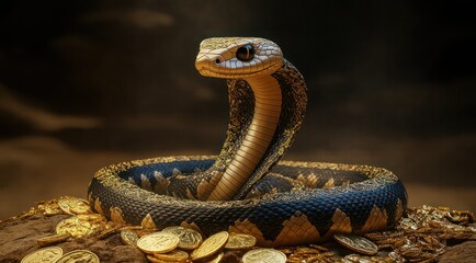 Fototapeta premium A snake coiled on a pile of gold coins, creating a mystical atmosphere.