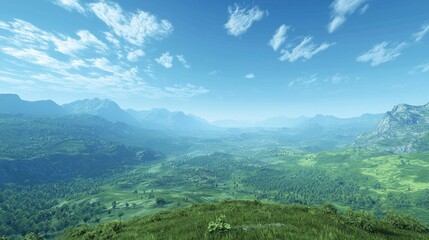 Fototapeta premium Serene Mountain Valley Landscape under a Sunny Sky