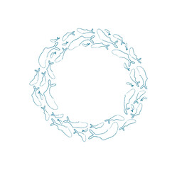 Chalk fish school pattern. Silhouette of aquatic creatures swim in round formation. Underwater life concept, chalk style design, ideal for marine projects.