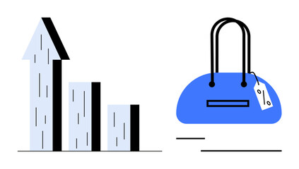 Upward arrow chart indicating growth beside a blue handbag with a price tag. Ideal for retail analytics, fashion industry, market trends, online shopping, product sales, marketing strategies