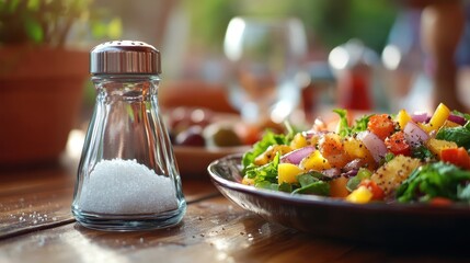 A salt shaker sits beside a fresh salad on a wooden table, highlighting its vibrant colors