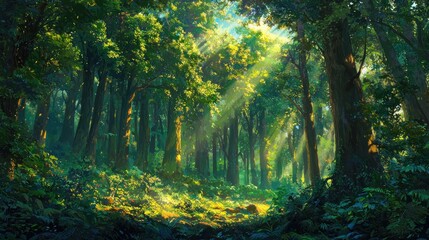 Obraz premium Sunlit Forest Path: A Digital Painting of Tranquil Nature
