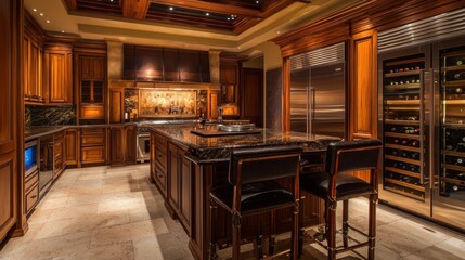 Luxurious Kitchen Interior Design: Opulent Wood, Granite, and Stainless Steel Appliances