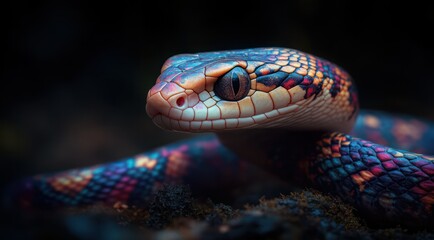 Obraz premium A colorful close-up of a snake with vibrant scales and detailed texture.