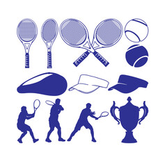 a set of rackets, tennis balls and hats as well as several silhouettes of men playing tennis