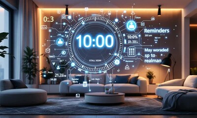 Smart home evening scene; digital clock, reminders - Powered by Adobe