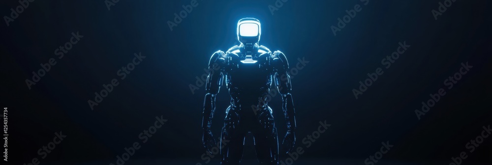 Aufkleber Glowing humanoid robot stands in a dark environment with minimalistic design and vibrant illumination. Generative AI