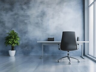 Minimalist Office Interior with Desk, Chair, and Plant